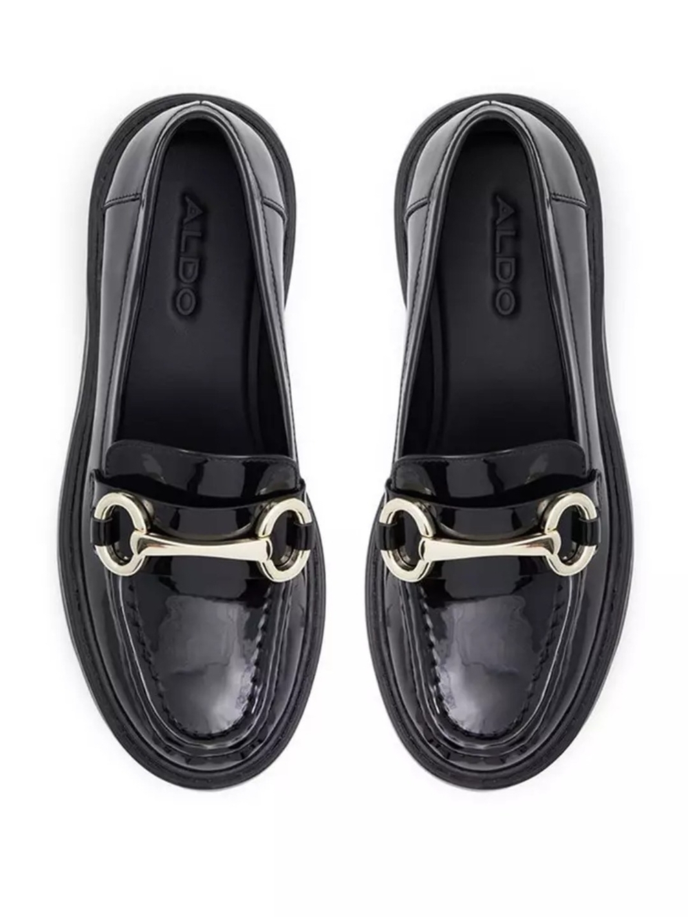 ALDO Black Platform Loafers with Gold Patent Accent Preppy Women Size 9